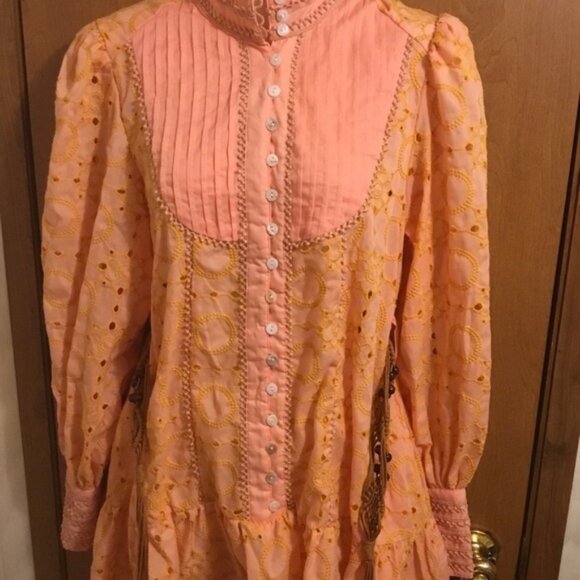Vintage Orange Eyelet Button Down Cottage core Lace Details long Sleeve Dress S - Picture 5 of 15
